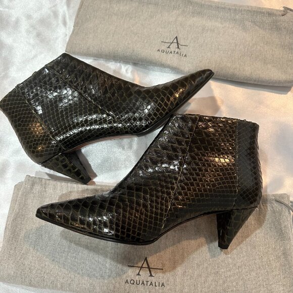 New Aquatalia Black Leather Snakeskin Embossed Ankle Booties Size 8M